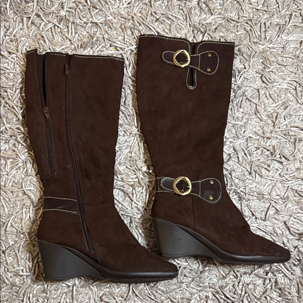 AEROSOLES Dark Brown Suede Wedge Knee Boots with Gold Buckles